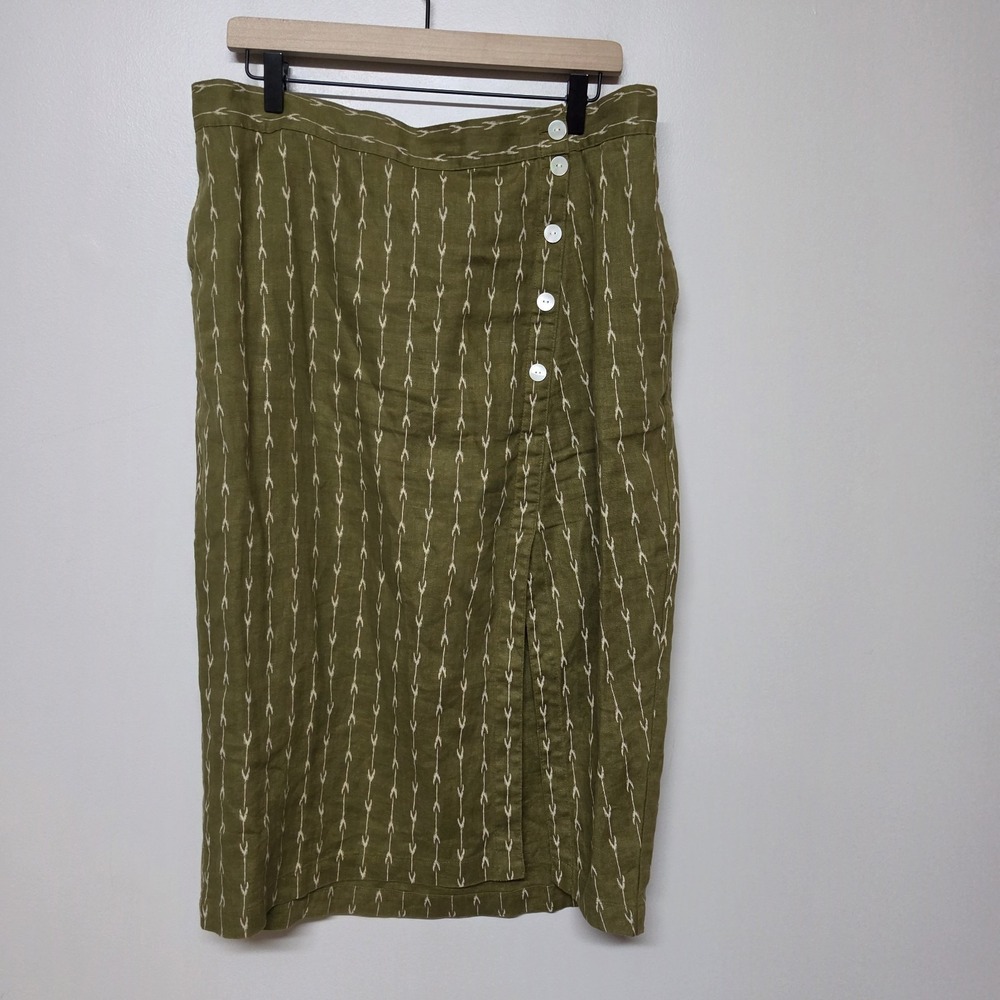 Garnet Hill Kona 100% Linen Patterned Skirt Women's Sz L Green/Brown Boho Artsy - Picture 2 of 10